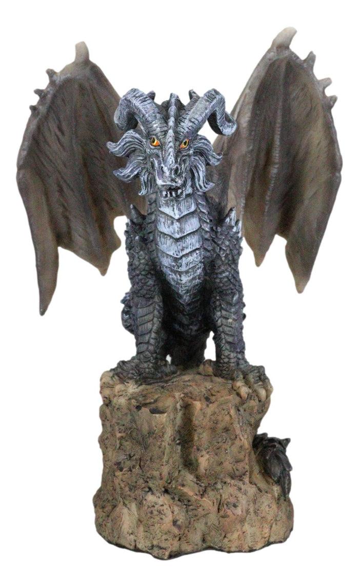 Large Medieval Sentry Abraxas Black Dragon Standing On Stump Rock Statue 9.25"H