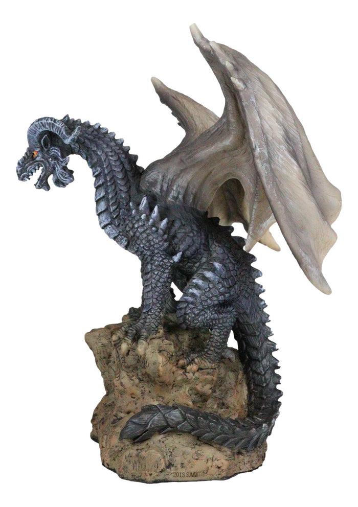 Large Medieval Sentry Abraxas Black Dragon Standing On Stump Rock Statue 9.25"H