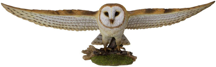 Large Realistic Common Barn Owl Swooping Over Tree Stump Glass Eyes Statue 30"L