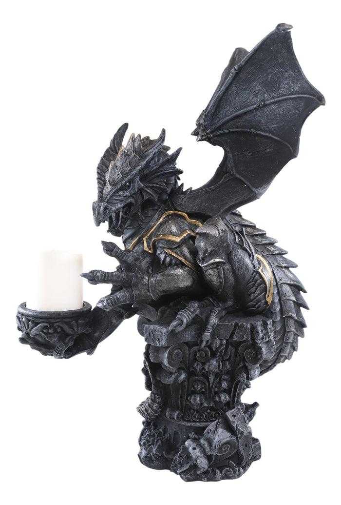 Large Rune Armored Dragon On Pedestal Tea Light Candle Holder Statue Figurine