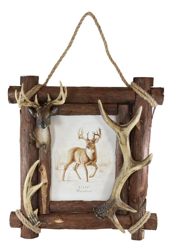 Large Rustic Buckhorn Stag Deer Antlers With Wooden Logs 8"X10" Photo Frame