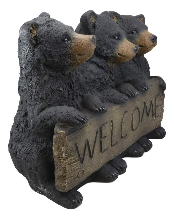 Large Rustic Forest 3 Black Brother Bear Cubs Holding Welcome Sign Statue Decor