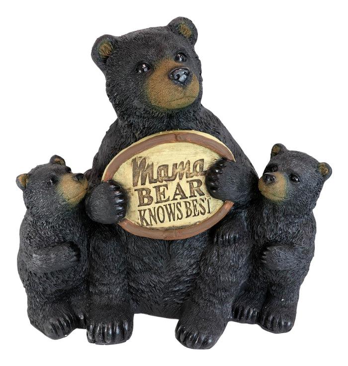 Large Rustic Forest Black Bear With 2 Cubs Holding Mama Knows Best Sign Statue