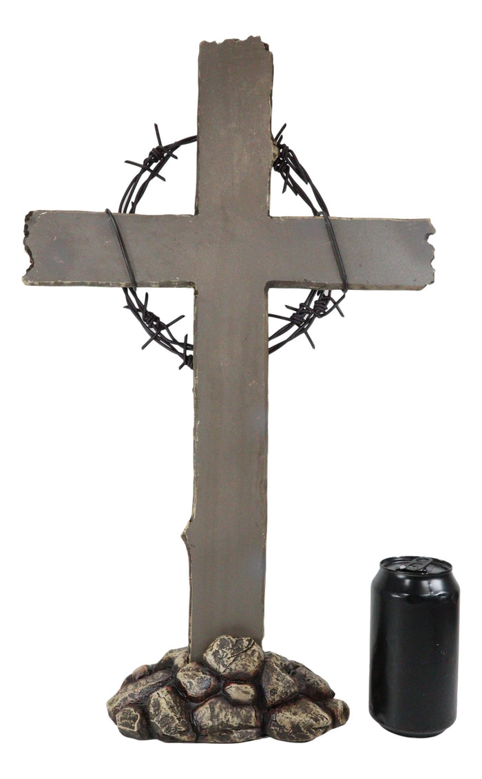 Large Rustic Western Barbed Wire Crown Faux Wood Cross On Rocks Desktop Plaque