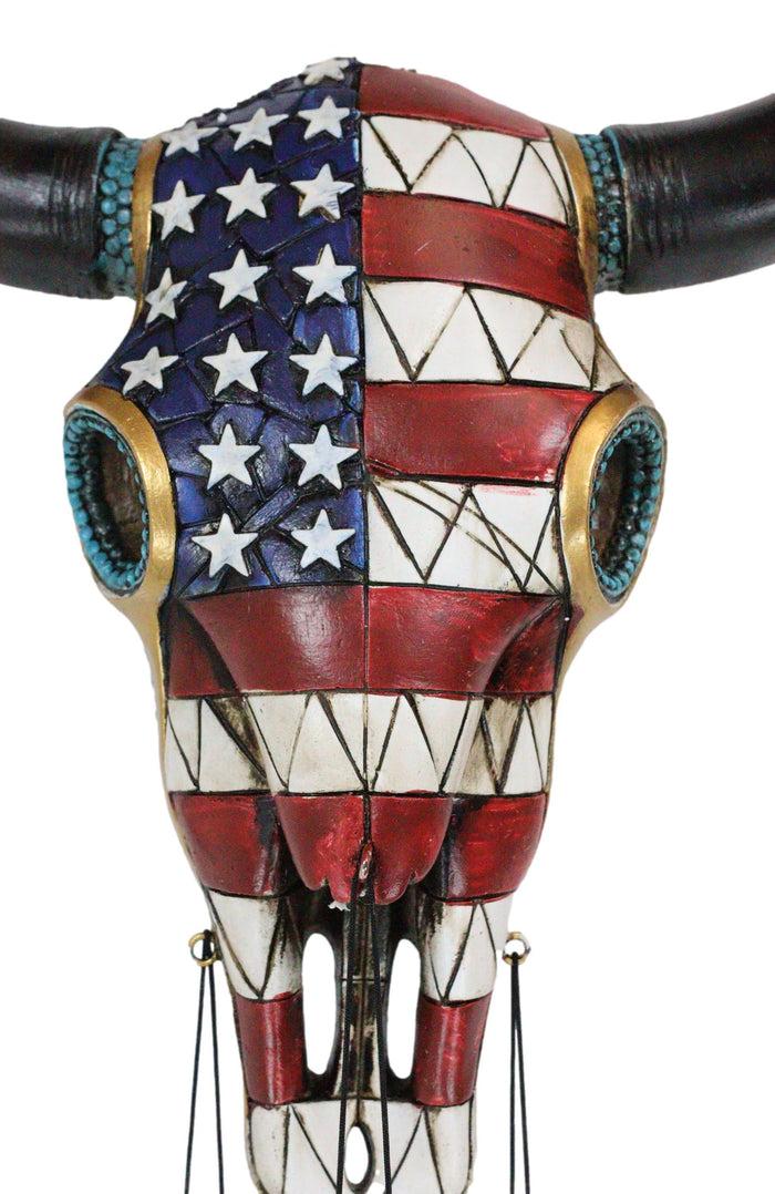 Large Rustic Western Patriotic Bull Cow Skull With US Flag Decorative Wind Chime