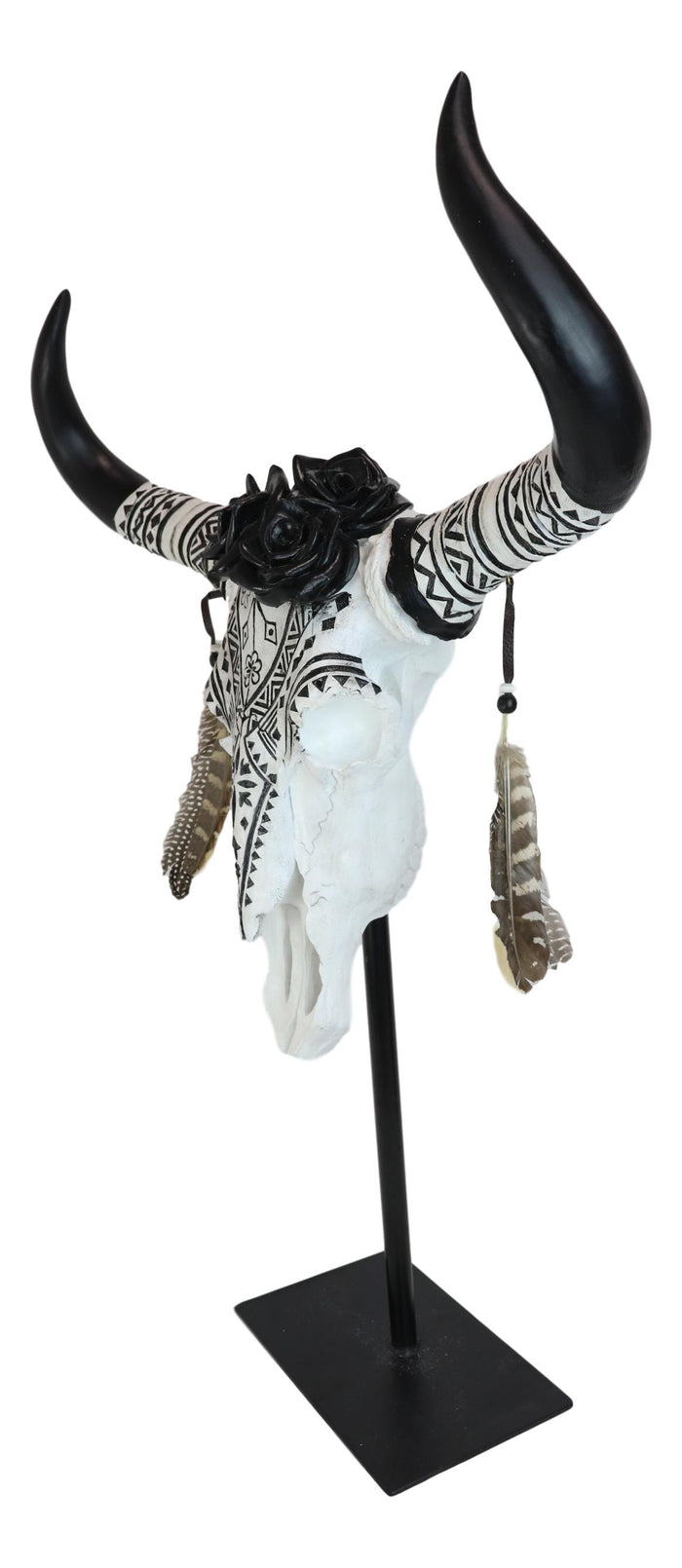 Large Rustic Western Tribal Black Roses Longhorn Cow Skull Desktop Plaque 32"H