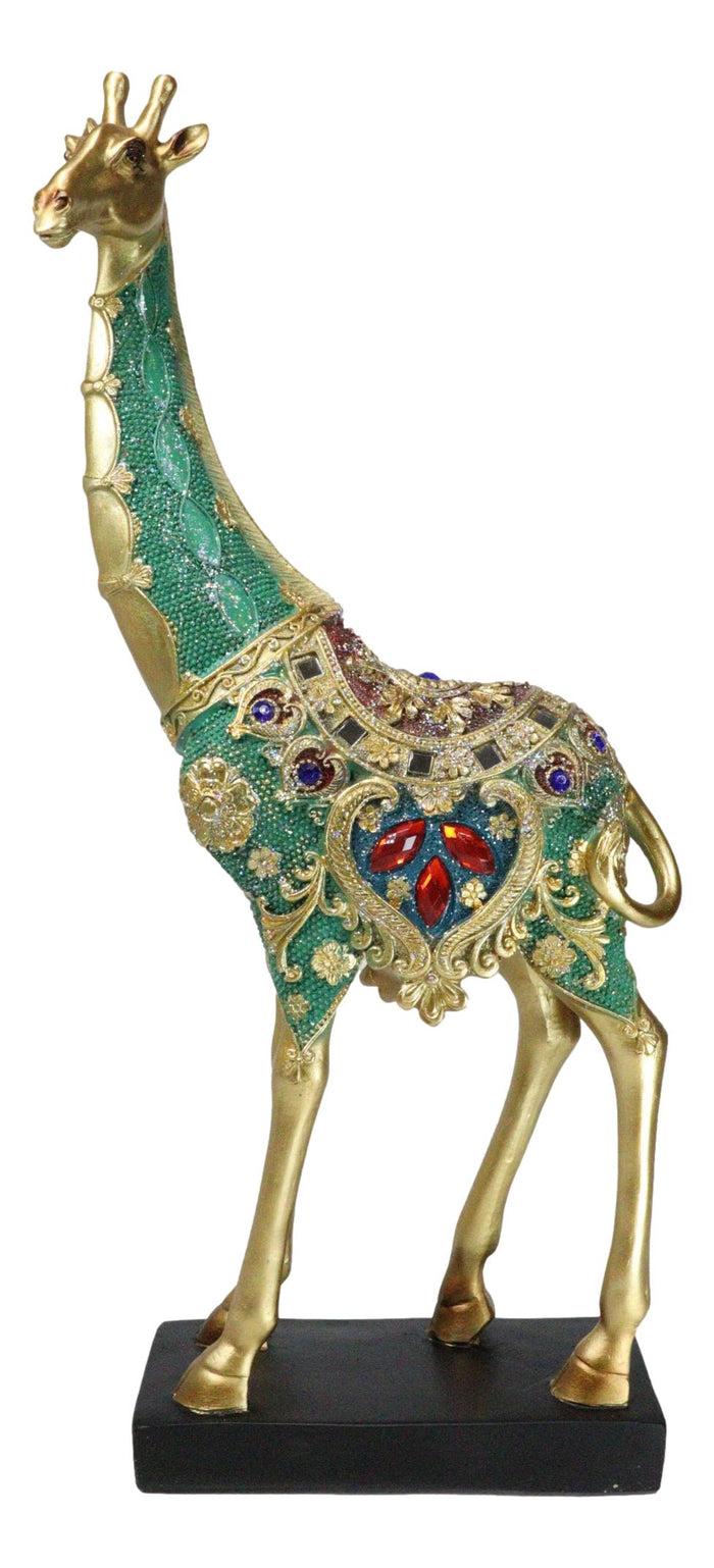 Large Safari Savannah Green Bejeweled Masai Giraffe With Black Base Figurine 16"