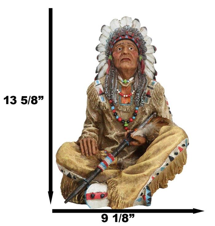 Large Sitting Native Indian Tribal Chief Medicine Man With Peace Pipe Figurine
