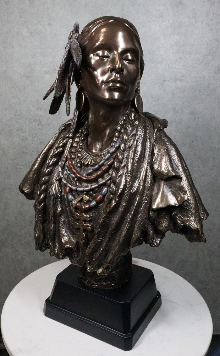 Large Tribal Indian Princess With Eagle Feather Headdress Statue 21 Inches Tall