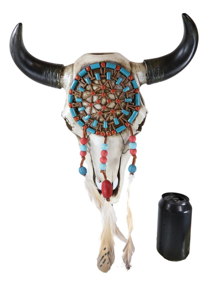 Large Western Native American Turquoise And Red Web Dreamcatcher Bison Cow Skull