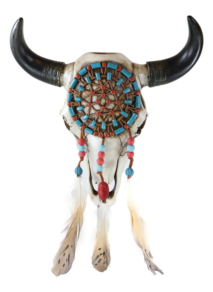 Large Western Native American Turquoise And Red Web Dreamcatcher Bison Cow Skull
