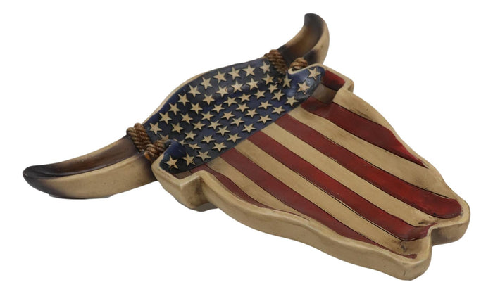 Large Western Rustic Patriotic US Stars Stripes Flag Cow Skull Jewelry Dish Tray