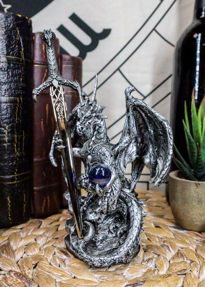 Legendary Silver Dragon Carrying Orb And Excalibur Sword Letter Opener Figurine