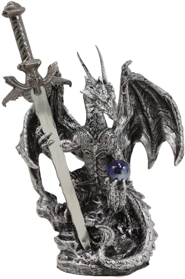 Legendary Silver Dragon Carrying Orb And Excalibur Sword Letter Opener Figurine