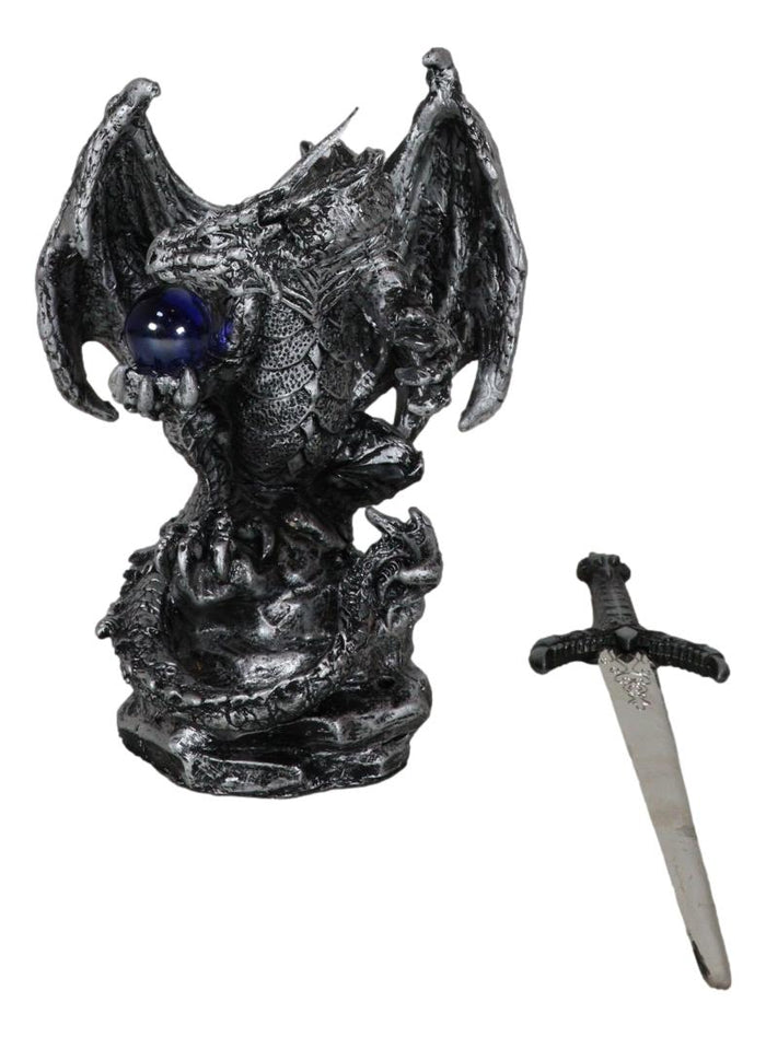Legendary Silver Sorcerer Dragon Carrying Orb And Sword Letter Opener Figurine