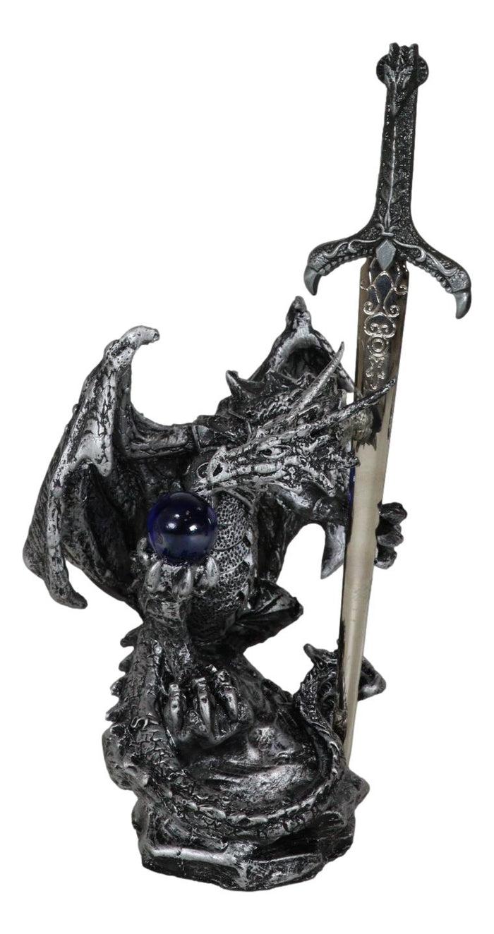 Legendary Silver Sorcerer Dragon Carrying Orb And Sword Letter Opener Figurine