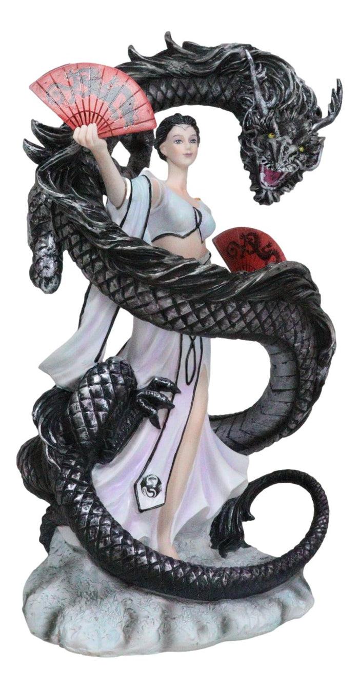Legends Oriental Black Dragon King With Red Fans Geisha Dancer Fairy Figurine