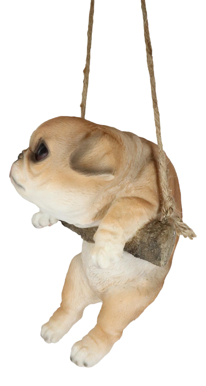 Lifelike American Bulldog Puppy Dog On Branch Swing Hanger Wall Decor Figurine
