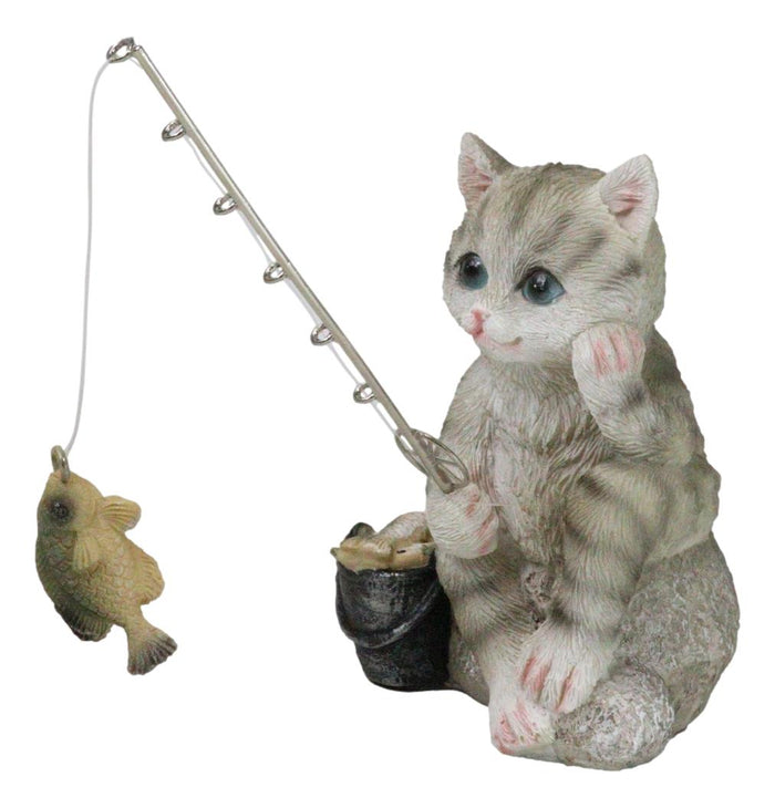 Lifelike Grey Tabby Cat Sitting By Pail Of Fishes And Pole Fishing Figurine