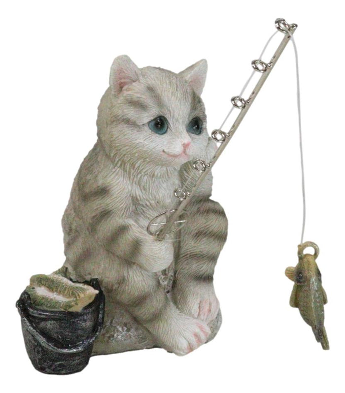 Lifelike Grey Tabby Cat Sitting By Pail Of Fishes And Pole Fishing Figurine