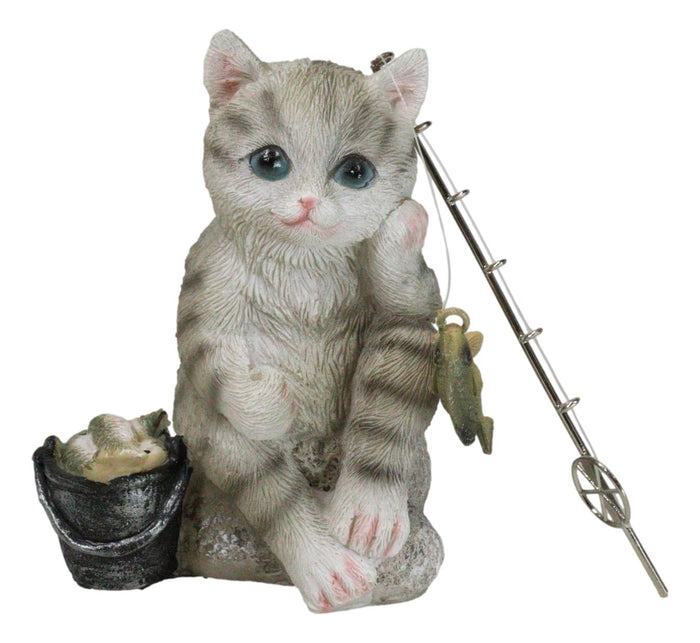 Lifelike Grey Tabby Cat Sitting By Pail Of Fishes And Pole Fishing Figurine