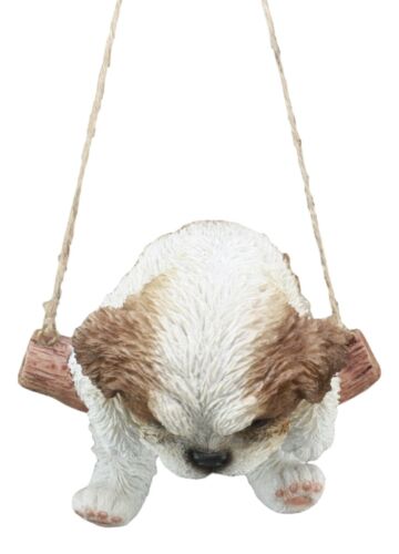Lifelike Teacup Shih Tzu Puppy Macrame Branch Hanger 5.25"Tall With Jute Strings