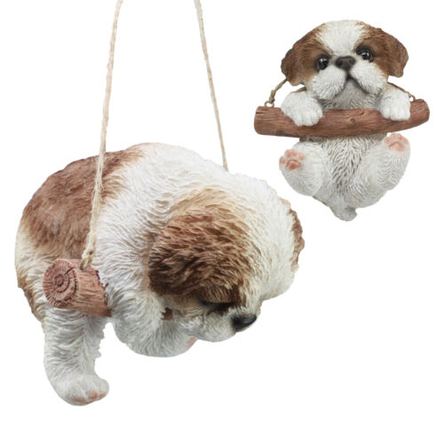 Lifelike Teacup Shih Tzu Puppy Macrame Branch Hanger 5.25"Tall With Jute Strings