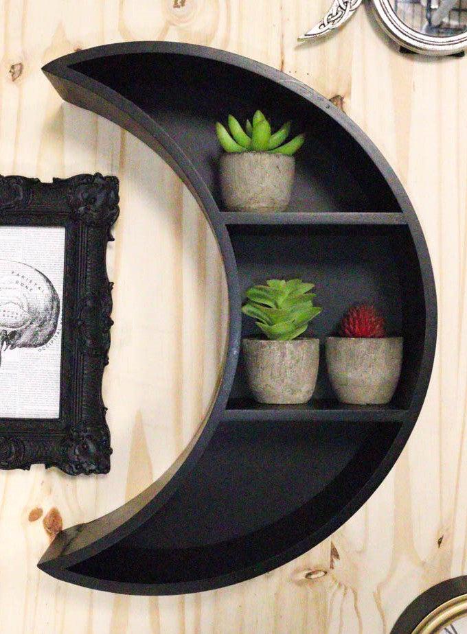 Light Duty Black Sacred Waxing Crescent Moon Wall Hanging 2 Tier MDF Wood Shelf