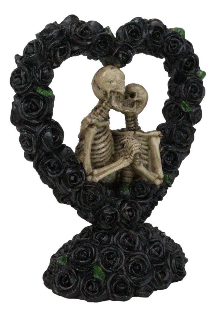 Love Never Dies Black Bridal Roses Heart Wreath Skeleton Couple Kissing Figurine