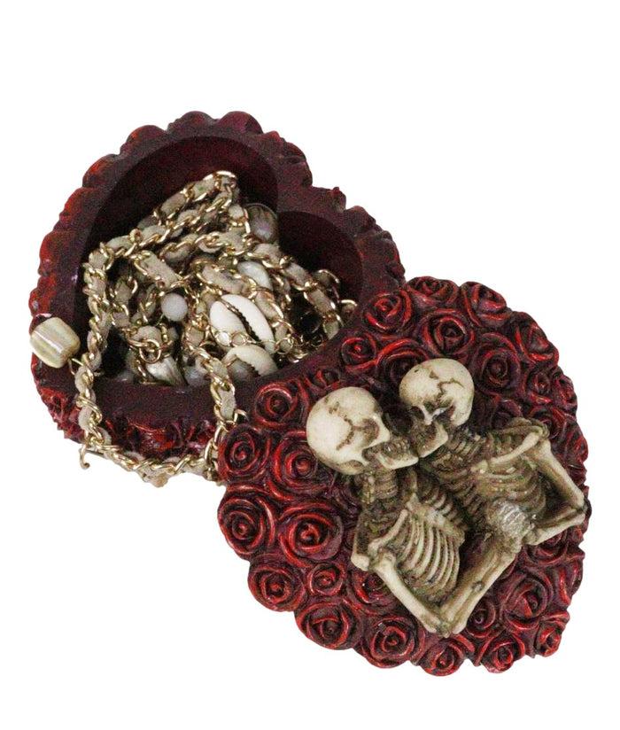Love Never Dies Gothic Skeleton Lovers On Red Rose Wreath Decorative Trinket Box