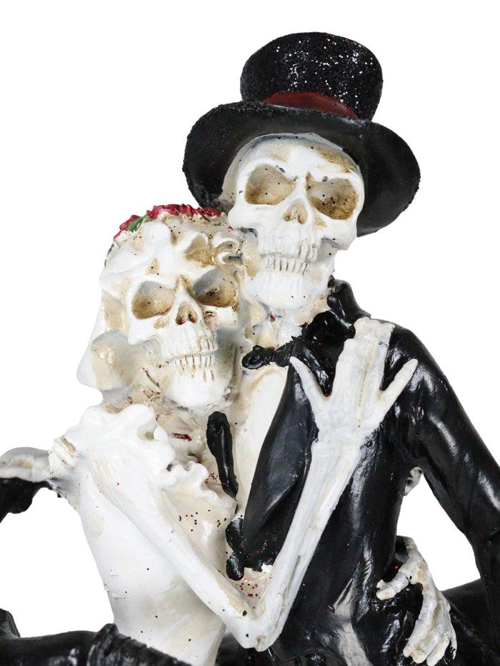 Love Never Dies Skeleton Bridal Couple On Bicycle With Basket Of Roses Figurine