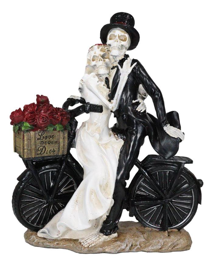 Love Never Dies Skeleton Bridal Couple On Bicycle With Basket Of Roses Figurine