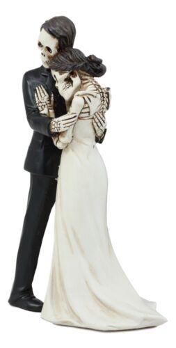 Love Never Dies Wedding Bride And Groom Skeleton Embracing Cake Topper Statue