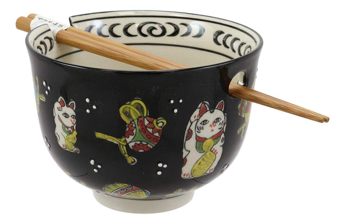 Lucky Cat Japanese Maneki Neko Black Porcelain Ramen Bowl With Chopsticks Set