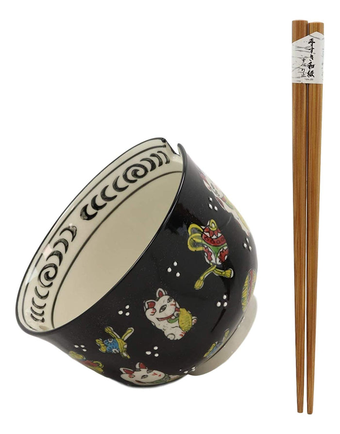 Lucky Cat Japanese Maneki Neko Black Porcelain Ramen Bowl With Chopsticks Set