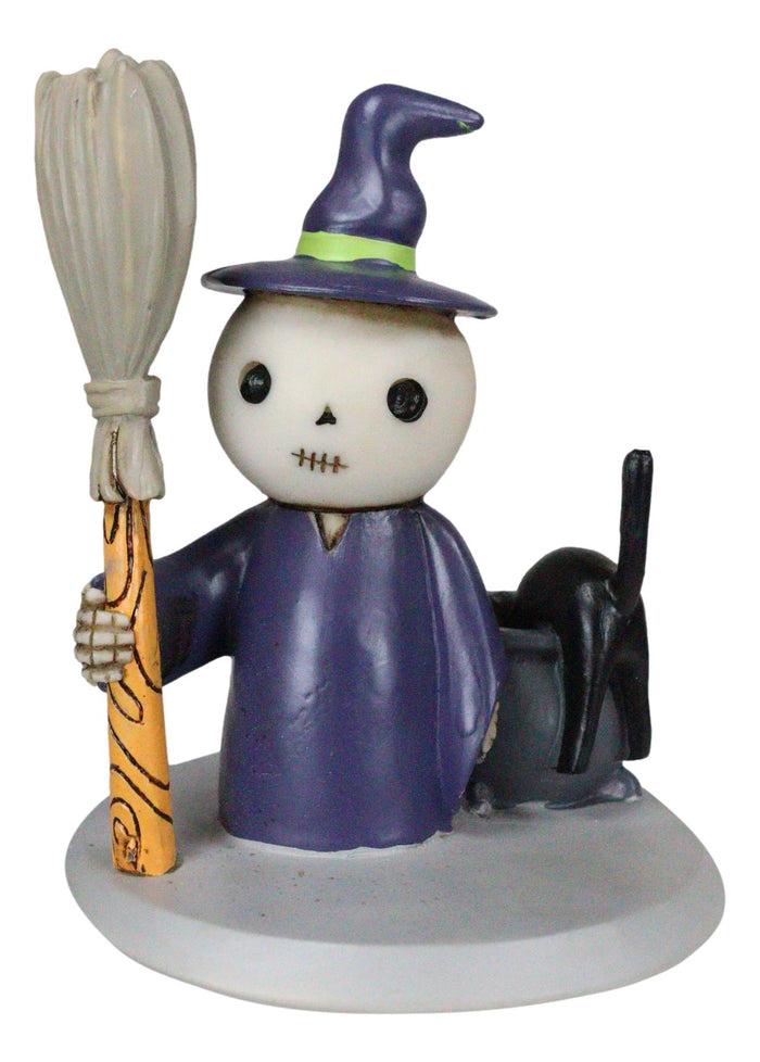 Lucky Skeleton In Witch Costume And Broomstick Standing By Black Cat Figurine
