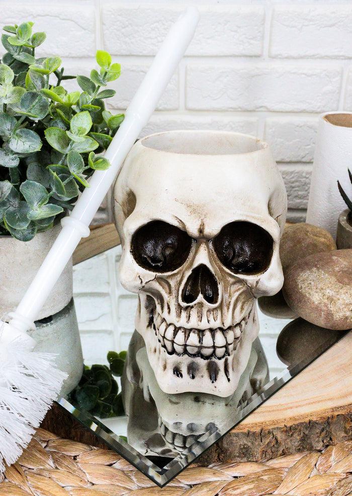 Macabre Grinning Skull Cranium Toilet Brush & Base Holder Bathroom 2 Piece Set