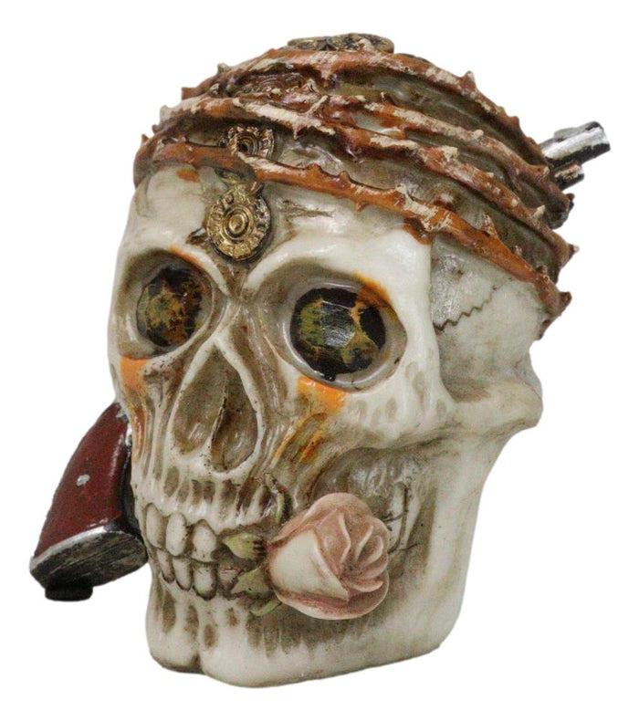 Macabre Pirate Captain Skull With Thorns Revolver Gun And Pink Rose Figurine