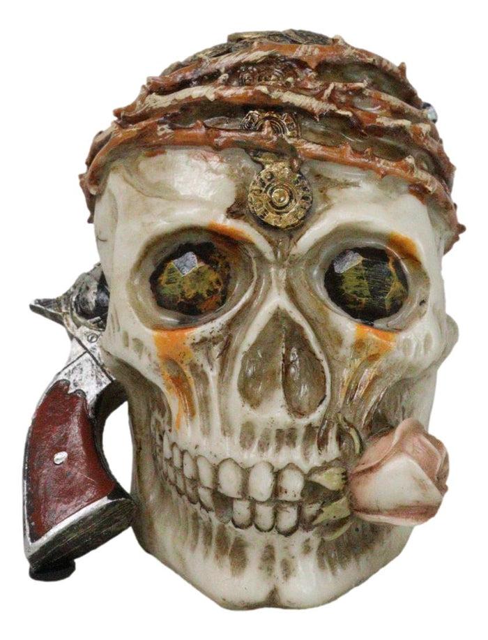 Macabre Pirate Captain Skull With Thorns Revolver Gun and Pink Rose Figurine Macabre Pirate Captain Skull With Thorns Revolver Gun and Pink Rose Figurine