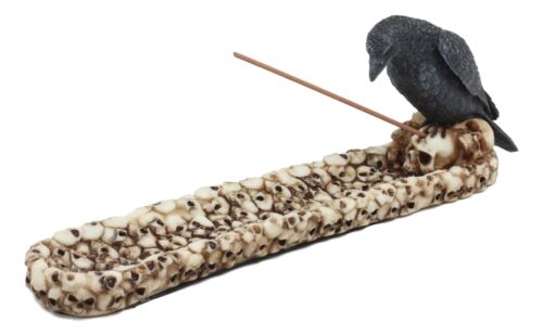 Macabre Raven Crow Perching On Heap Of Skull Incense Burner Or Holder