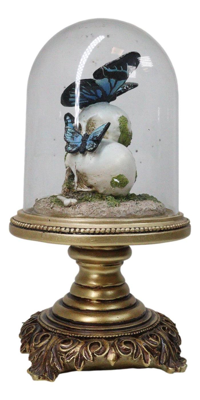 Macabre Skulls Graveyard With Monarch Butterflies In Glass Cloche Figurine