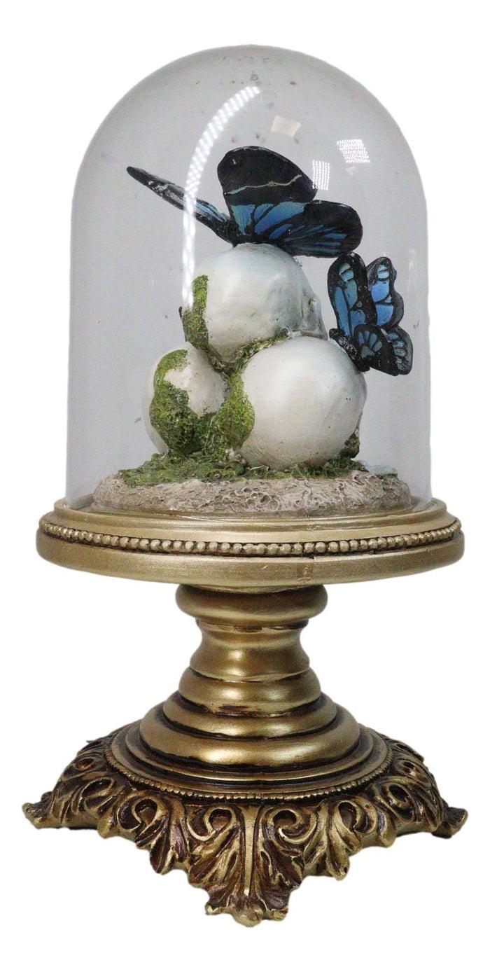 Macabre Skulls Graveyard With Monarch Butterflies In Glass Cloche Figurine