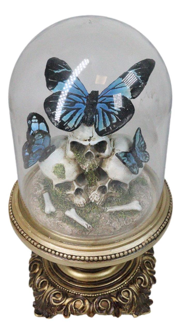 Macabre Skulls Graveyard With Monarch Butterflies In Glass Cloche Figurine