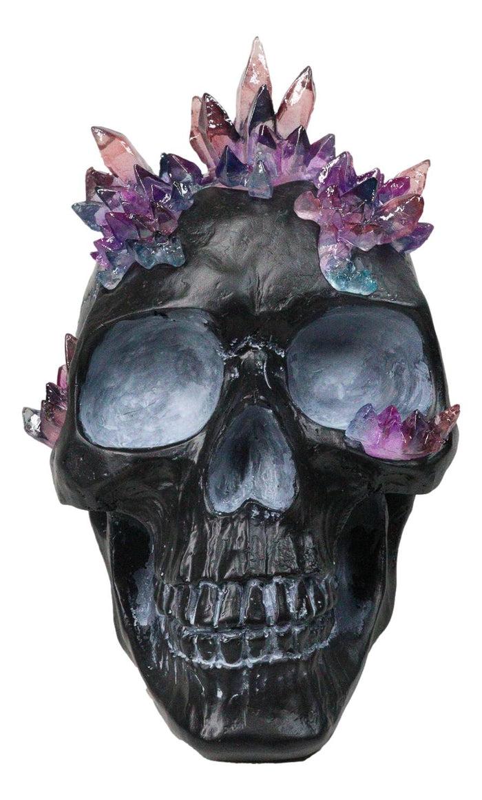 Macabre Wicca Magic Purple Hues Crystals Black Cranium Skull Figurine