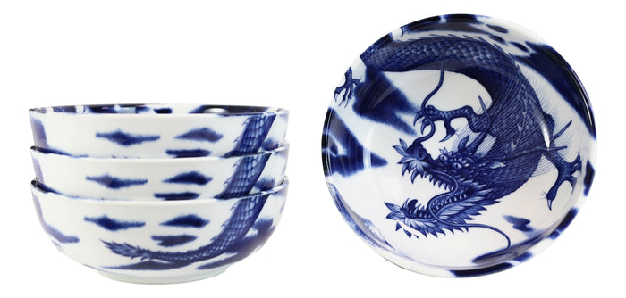 Made In Japan Asian Oriental Dragons Blue And White Porcelain Bowls Set Of 4