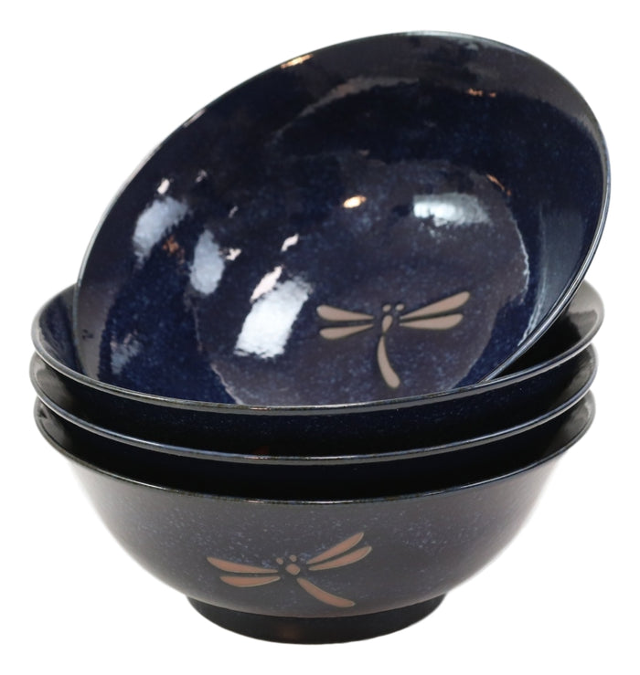 Made In Japan Blue Dragonfly Pasta Salad Soup Cereal Rice Ceramic Bowls Set Of 4