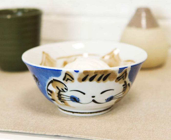 Made In Japan Blue Lucky Cat Maneki Neko 16oz Soup Rice Cereal Bowls Set Of 6