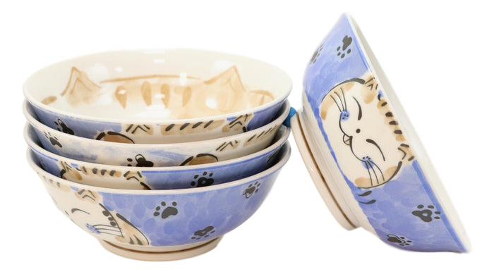 Made In Japan Blue Lucky Cat Maneki Neko 32oz Soup Pasta Cereal Bowls Set Of 5