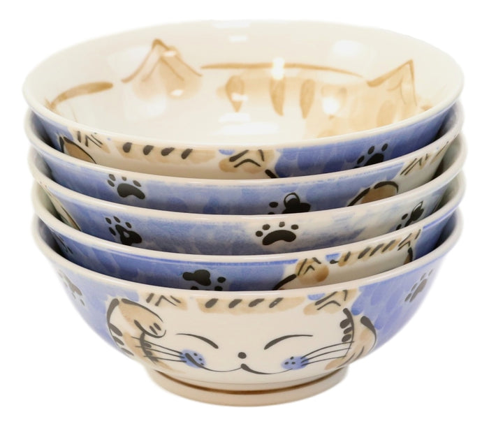 Made In Japan Blue Lucky Cat Maneki Neko 32oz Soup Pasta Cereal Bowls Set Of 5
