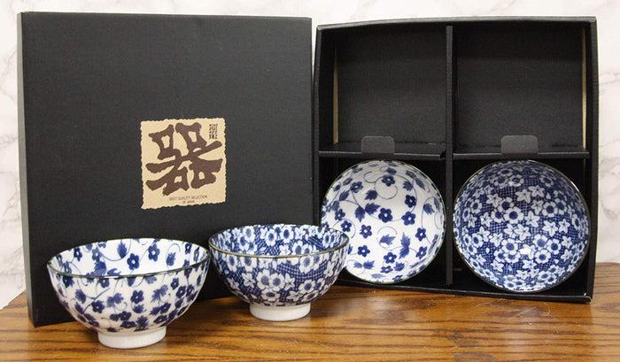 Made In Japan Blue White Floral Rice Soup Cereal Porcelain Bowls 12oz Set Of 4